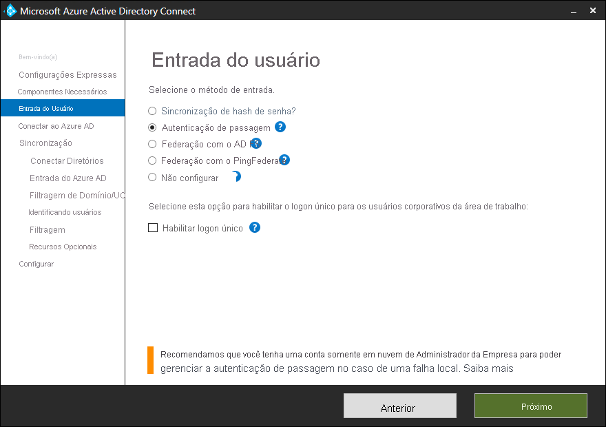 Screenshot of the Microsoft Entra Connect user interface. The User sign-in option is selected and the user has choices of different types of sign-in options.