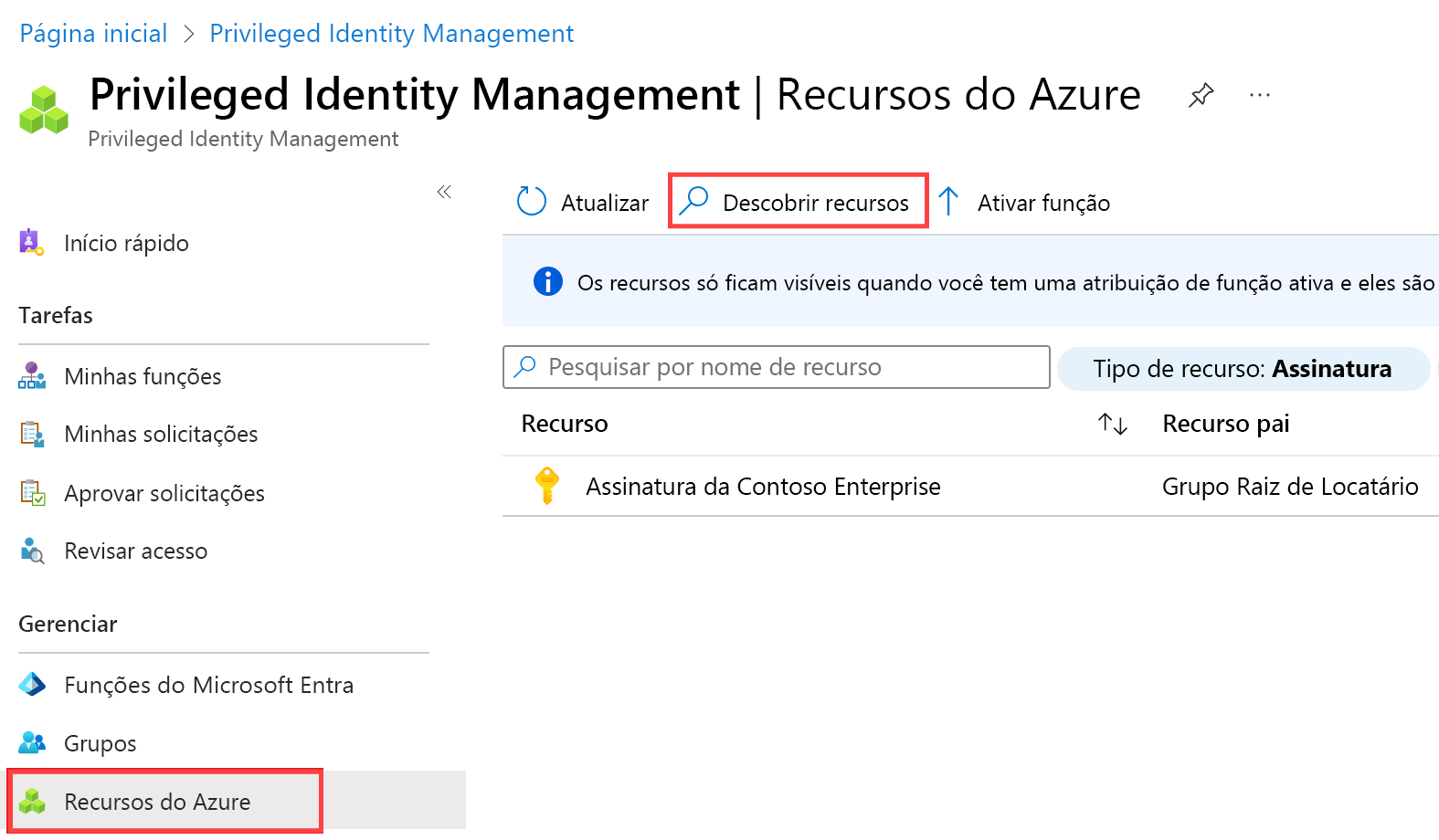 Captura de tela dos filtros de recurso na página de recursos do Azure. Recursos que estão sendo gerenciados no momento.