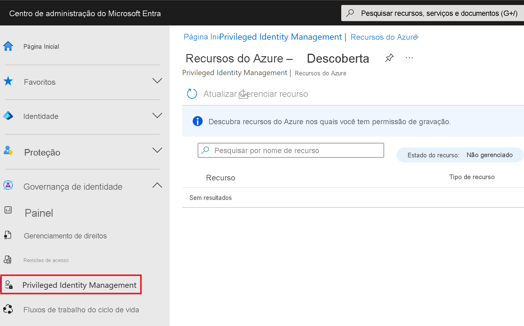 Captura de tela da página de recursos do Azure do Privileged Identity Management.