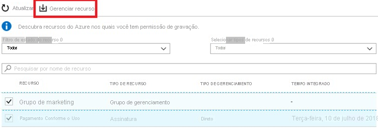 Captura de tela da página de gerenciamento de recursos de descoberta nos recursos do Azure.