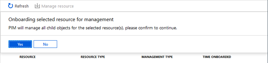 Captura de tela de uma mensagem para confirmar a integração do recurso selecionado para gerenciamento.