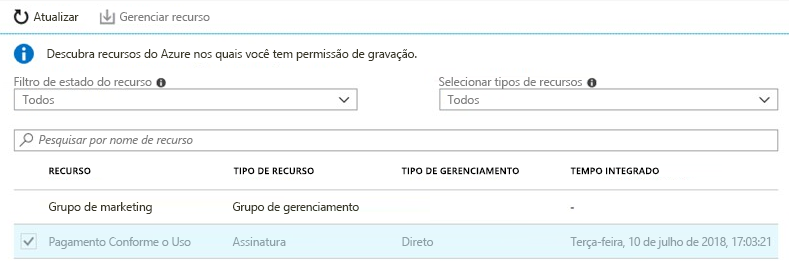 Captura de tela da página de recursos de descoberta nos recursos do Azure. Pesquise recursos.