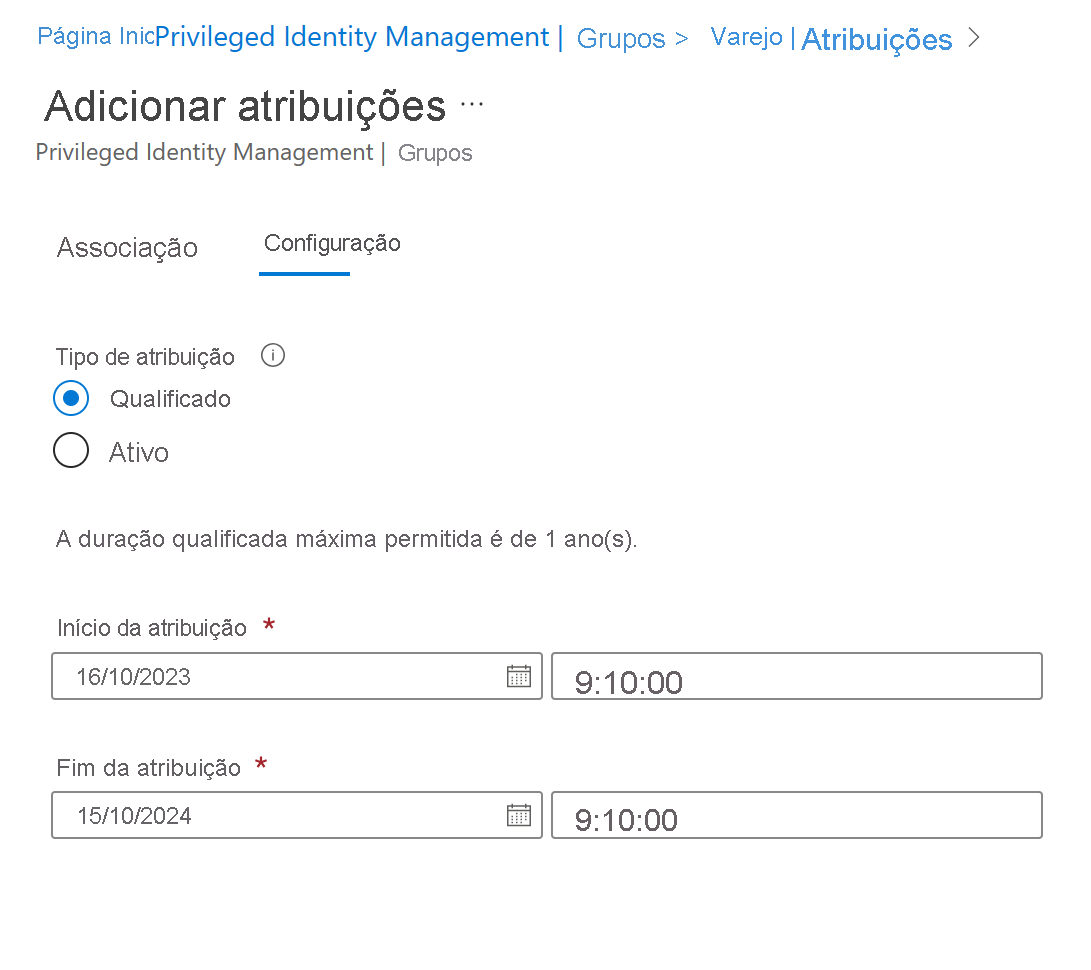 Captura de tela do Privileged Identity Manager com a página “Atribuições de grupo” aberta.