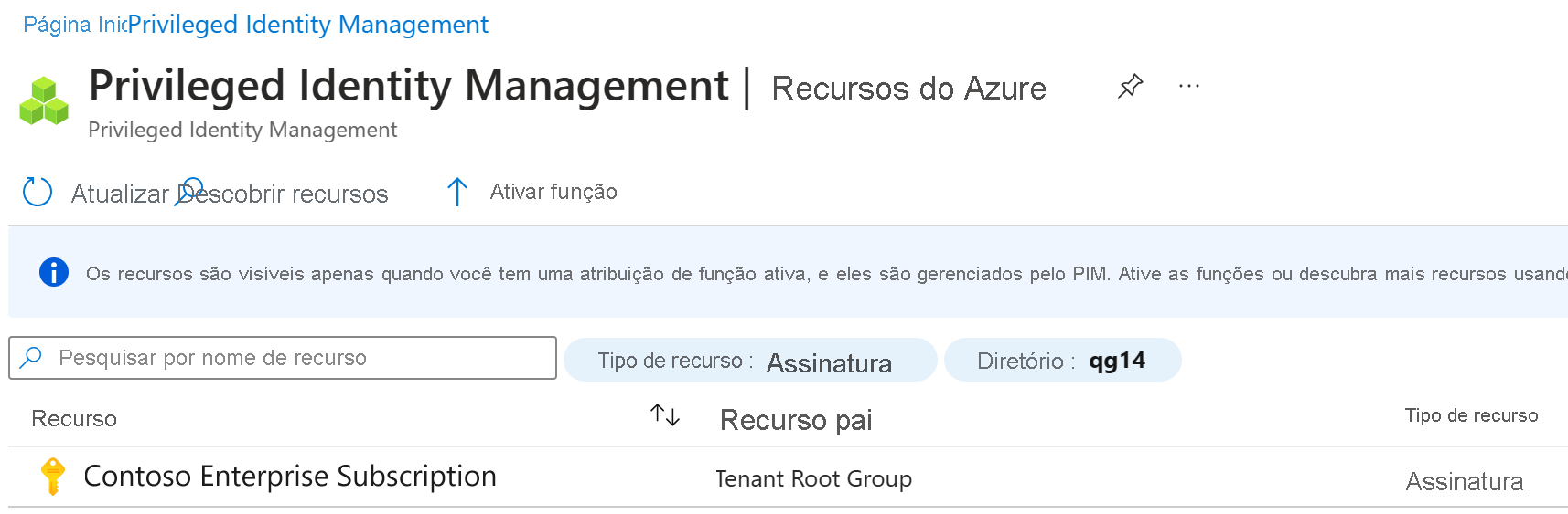 Captura de tela da tela de descoberta de recursos do Azure com a assinatura e o gerenciamento de recursos realçado.