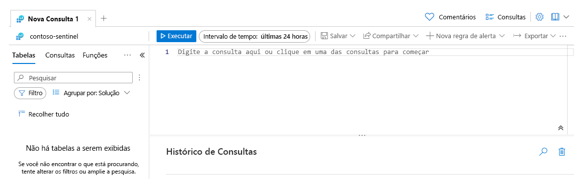 Screenshot of the default Logs page that shows four elements: the Header bar, the Tables pane, the Queries pane, and the Query results/history pane.