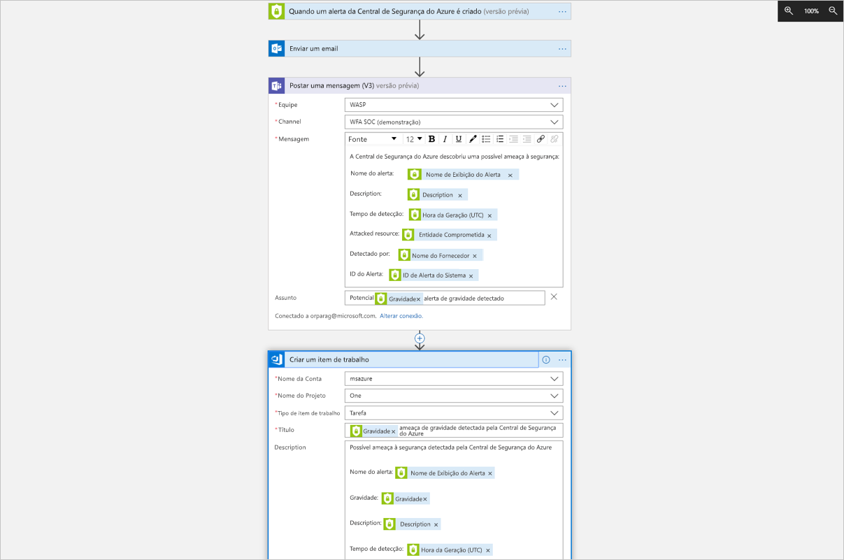 Screenshot of the Logic App U I and a sample logic app.