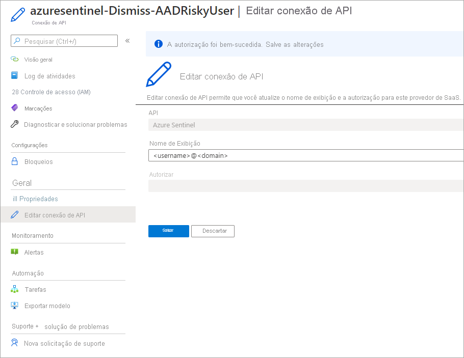 Captura de tela que descreve a autorização da conexão de API.