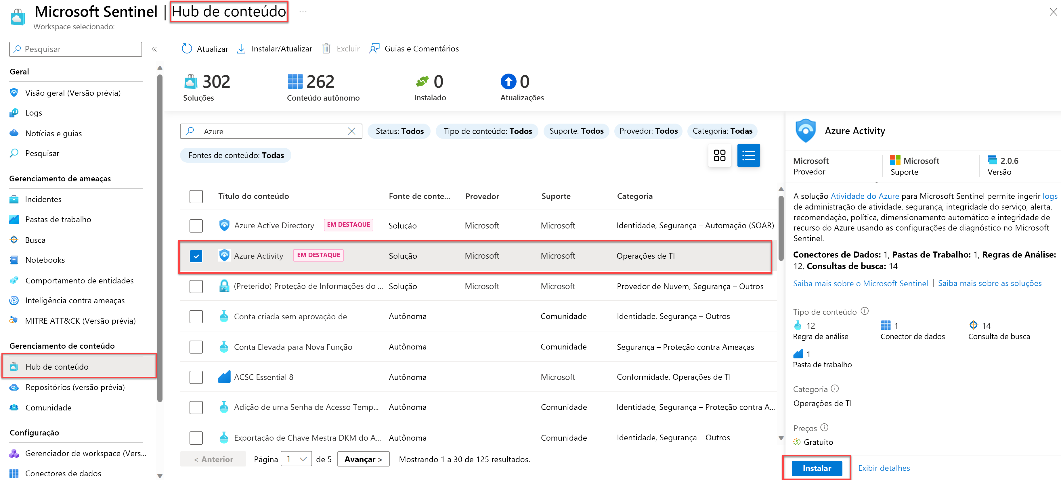 Screenshot that displays the Microsoft Sentinel Azure Activity Content Hub solution.