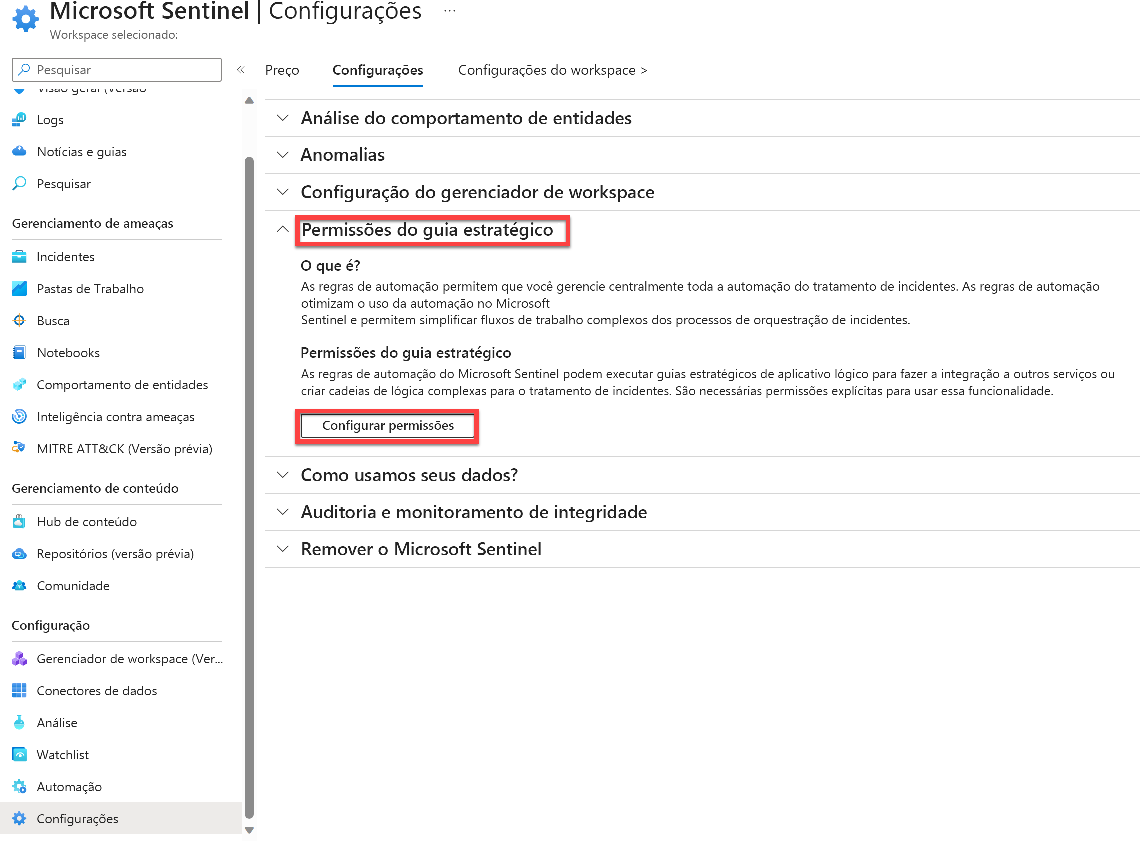 Captura de tela das permissões de guias estratégicos do Microsoft Sentinel.