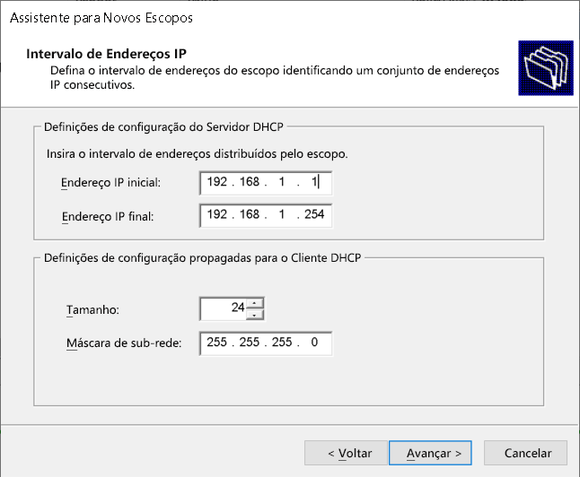 A screenshot of the New Scope Wizard. The administrator has entered a range of IP addresses for a scope on the IP Address Range page.