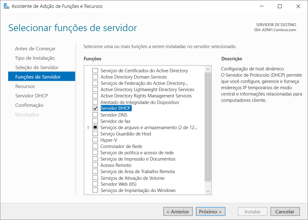 A screenshot of the Add Roles and Features Wizard in Server Manager. On the Select server roles page, the administrator has selected DHCP Server.