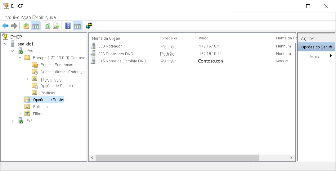 A screenshot of the DHCP console. The administrator has selected the Server Options node in the navigation pane. Three options are displayed: 003, 006, and 015.