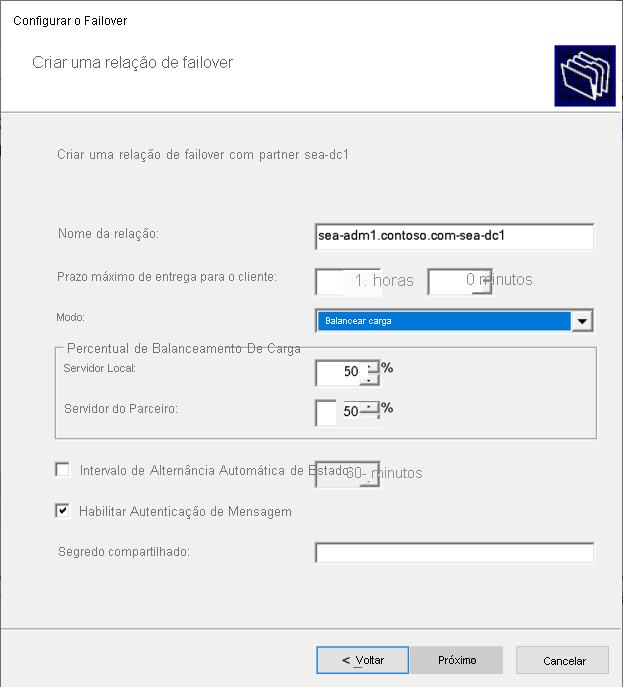 A screenshot of the Create a new failover relationship page in the Configure Failover wizard. The Mode is Load balance.