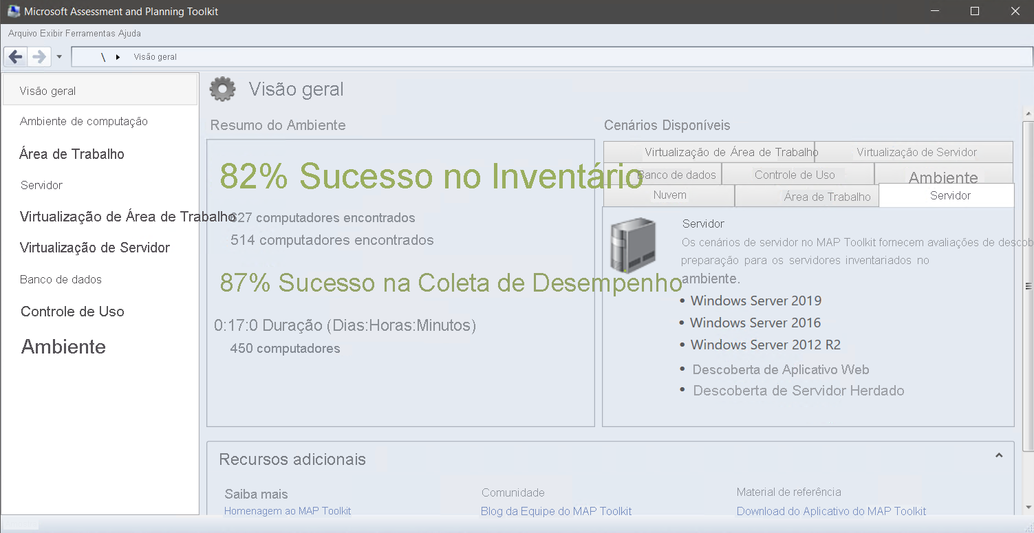 A screenshot of the Microsoft Assessment and Planning Toolkit. The administrator has selected the Overview tab. Displayed are options for a number of scenarios, including Server, currently selected.