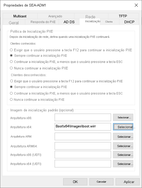 Captura de tela da caixa de diálogo Propriedades SEA-ADM1 no Serviços de Implantação do Windows. O administrador selecionou a guia Inicialização. A opção Sempre continuar inicialização PXE está selecionada e a imagem de inicialização da arquitetura x64 é boot.wim.