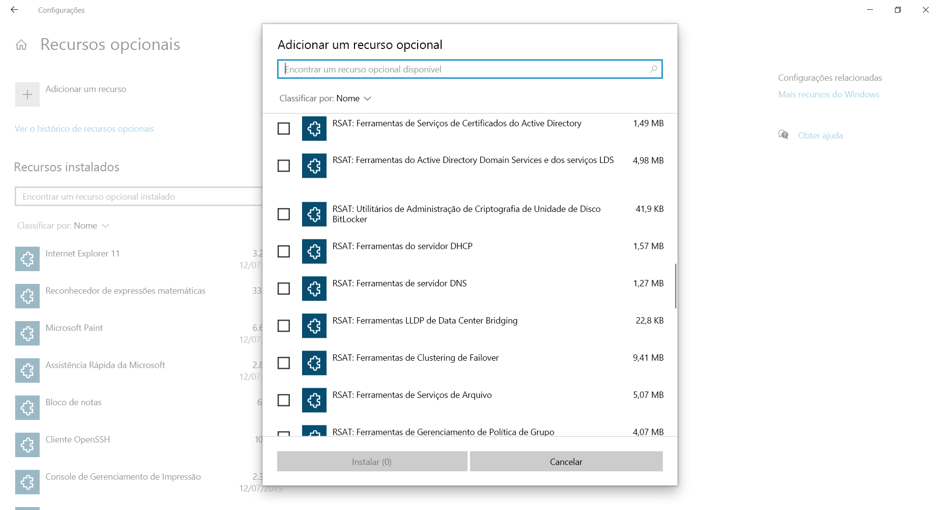 A screenshot of the Add an optional feature dialog box. Displayed are a list of RSAT tools.