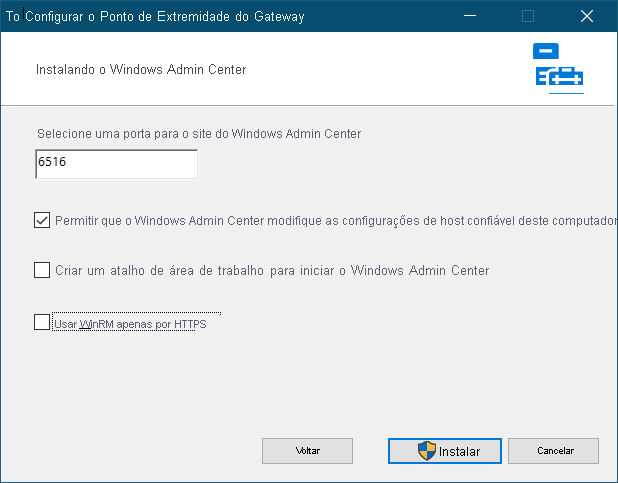 A screenshot of Windows Admin Center setup. The administrator has accepted the default port 6516 and the option to allow Windows Admin Center to modify the local machine's trusted host settings.