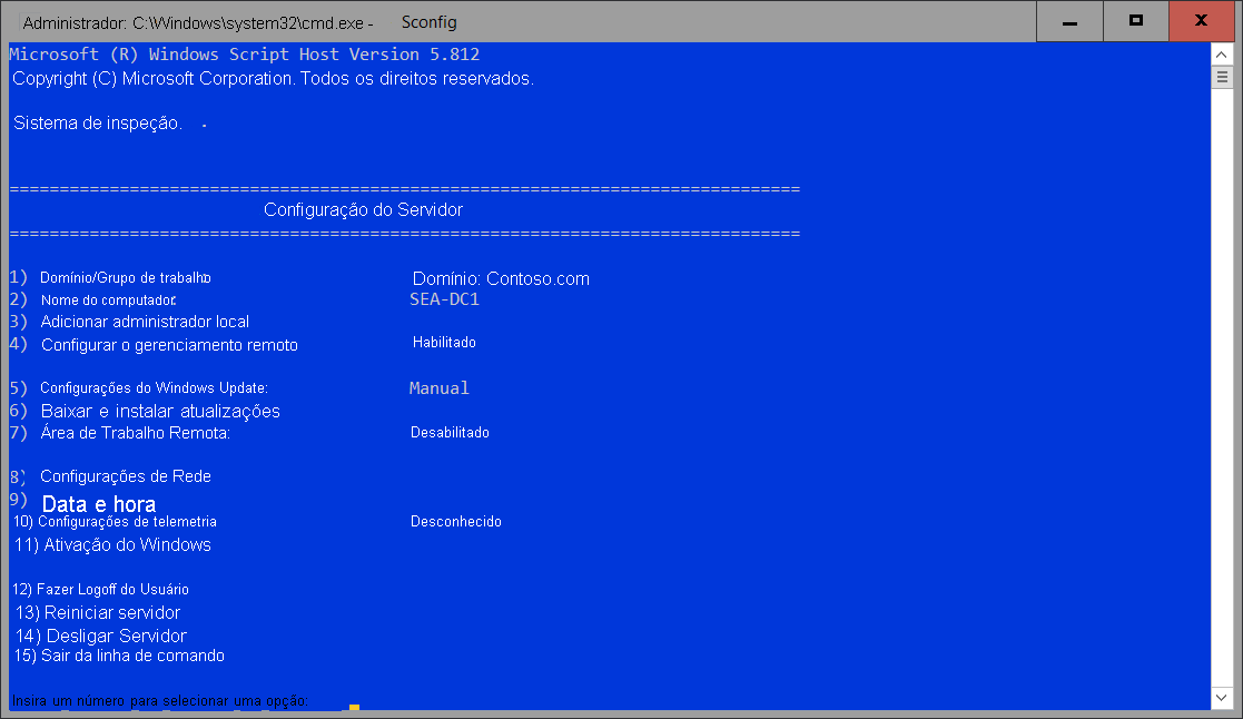 A screenshot of Sconfig in an elevated Command Prompt window. Available options are described in the following table.