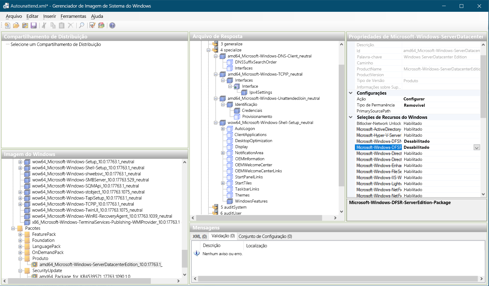 A screenshot of Windows System Image Manager. An answer file called Autounattend.xml is being edited. Numerous components are added to the Answer File section. The administrator is editing values in the Properties section.