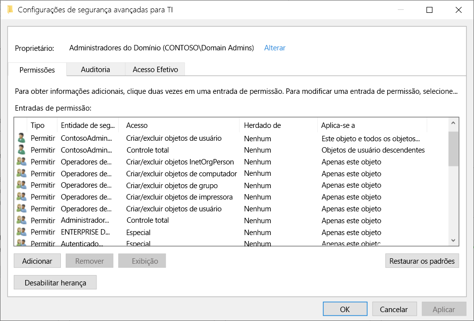 Captura de tela das Configurações de Segurança Avançadas na caixa de diálogo do TI. O administrador selecionou a guia de Permissões. São exibidas as permissões na UO do TI, inclusive as permissões delegadas para ContosoAdmin.