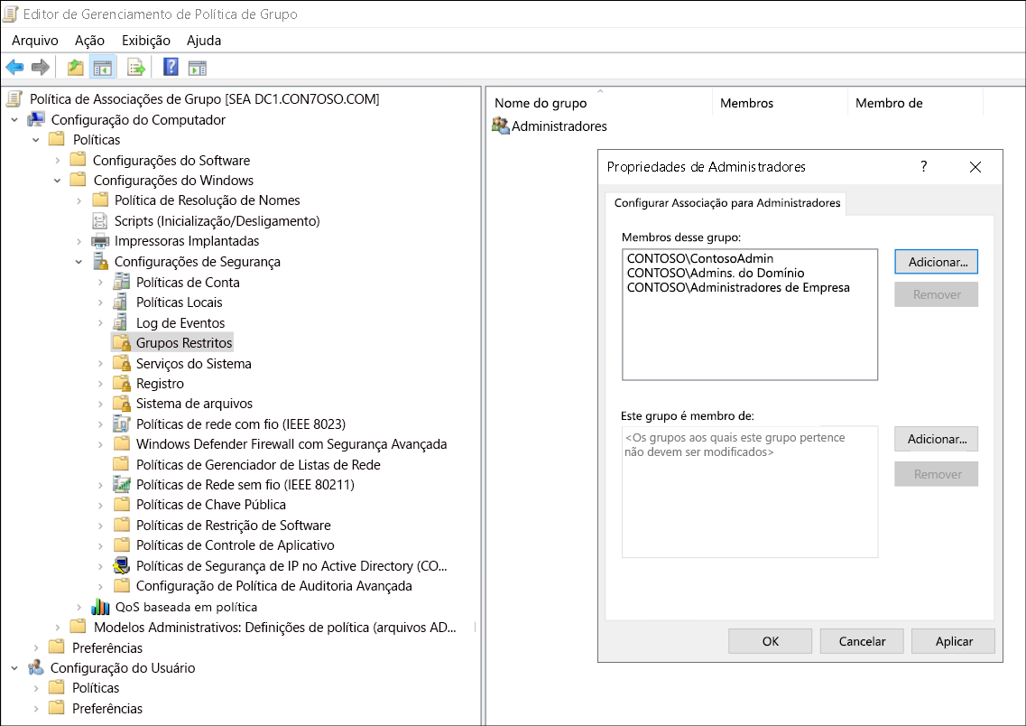 Captura de tela do Editor de Gerenciamento de Política de Grupo. O administrador navegou até Configuração do Computador, Políticas, Configurações do Windows, Configurações de Segurança, Grupos Restritos. O administrador adicionou um grupo chamado Administradores e adicionou como membros os Administradores do domínio, os Administradores corporativos e a ContosoAdmin.