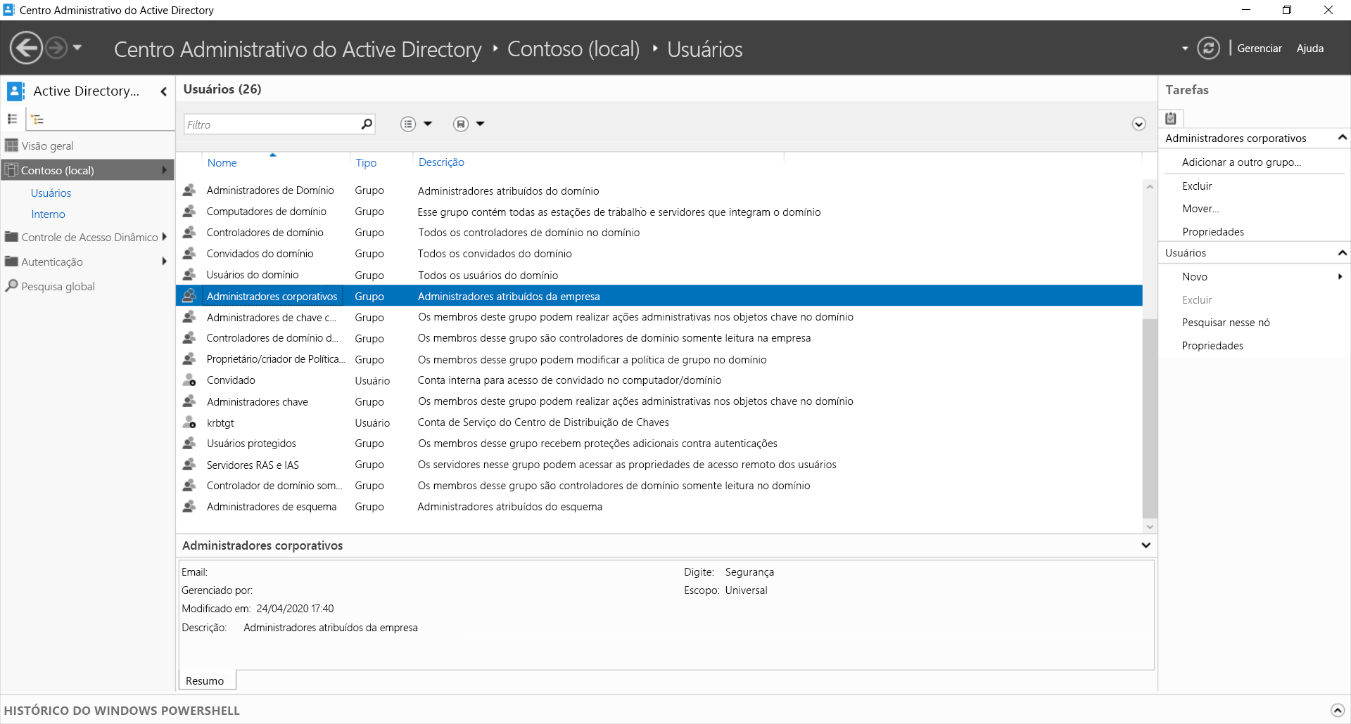 Captura de tela do Centro Administrativo do Active Directory. O administrador selecionou o grupo de Administradores corporativos na Contoso Usuários/(locais). Outros grupos também são exibidos na pasta Usuários.