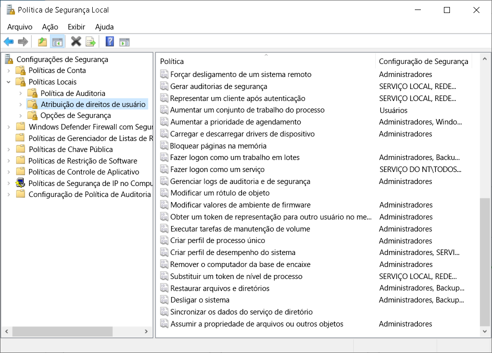 Captura de tela do console Política de Segurança Local. O administrador selecionou o nó Atribuição de direitos do usuário e são exibidos no painel de detalhes as configurações de segurança e políticas.