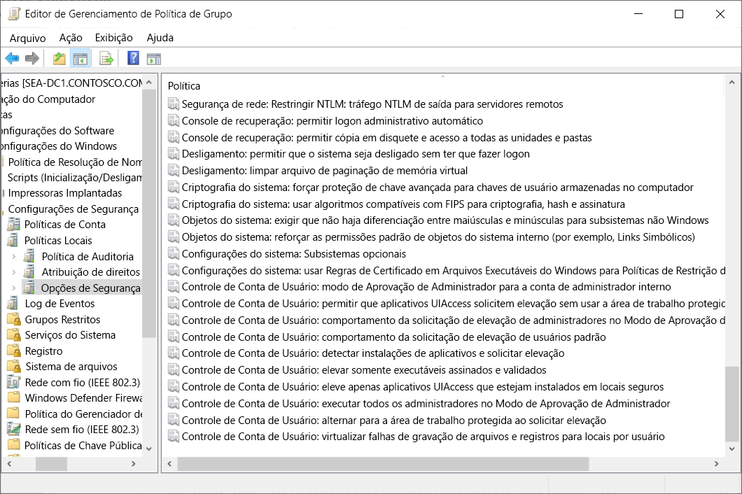 Captura de tela do nó Opções de Segurança no Editor de Gerenciamento de Política de Grupo. Os valores do controle de conta de usuário são exibidos.