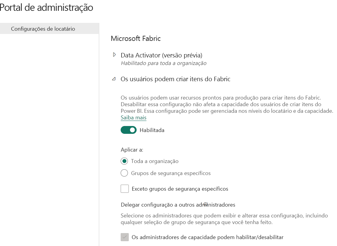 Captura de tela das configurações do locatário no portal de administração.