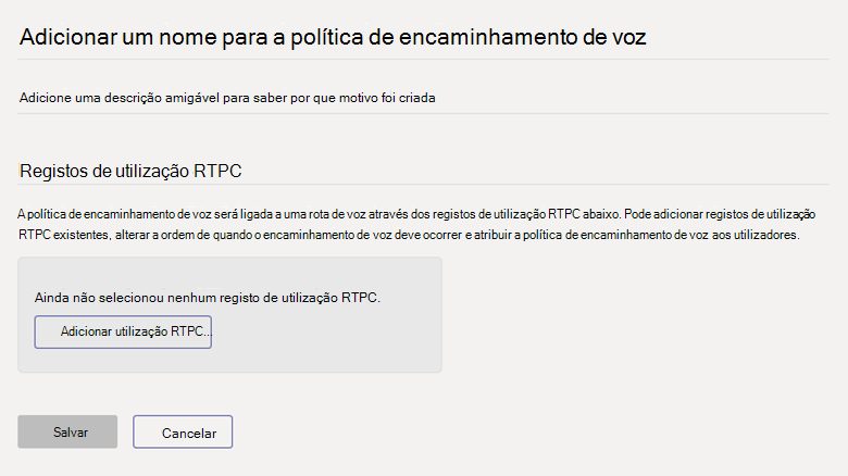 Captura de tela da página Adicionar política de roteamento de voz no centro de administração do Microsoft Teams 