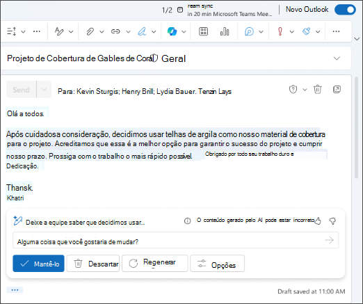 Captura de tela de um rascunho de email gerado pelo Copilot no Outlook.