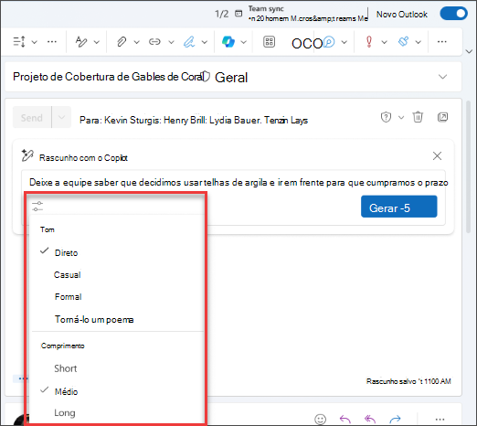 Captura de tela das opções disponíveis para personalizar seu rascunho no Copilot no Outlook.