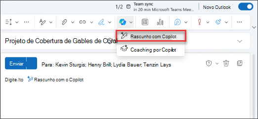 Captura de tela do ícone do Copilot na barra de ferramentas do Outlook.