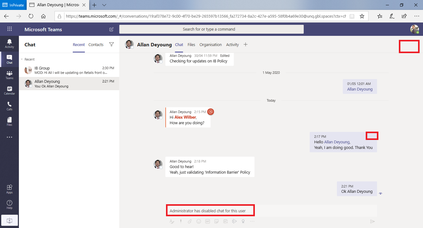 Screenshot showing a user chat that Teams disabled after applying an information barrier policy.