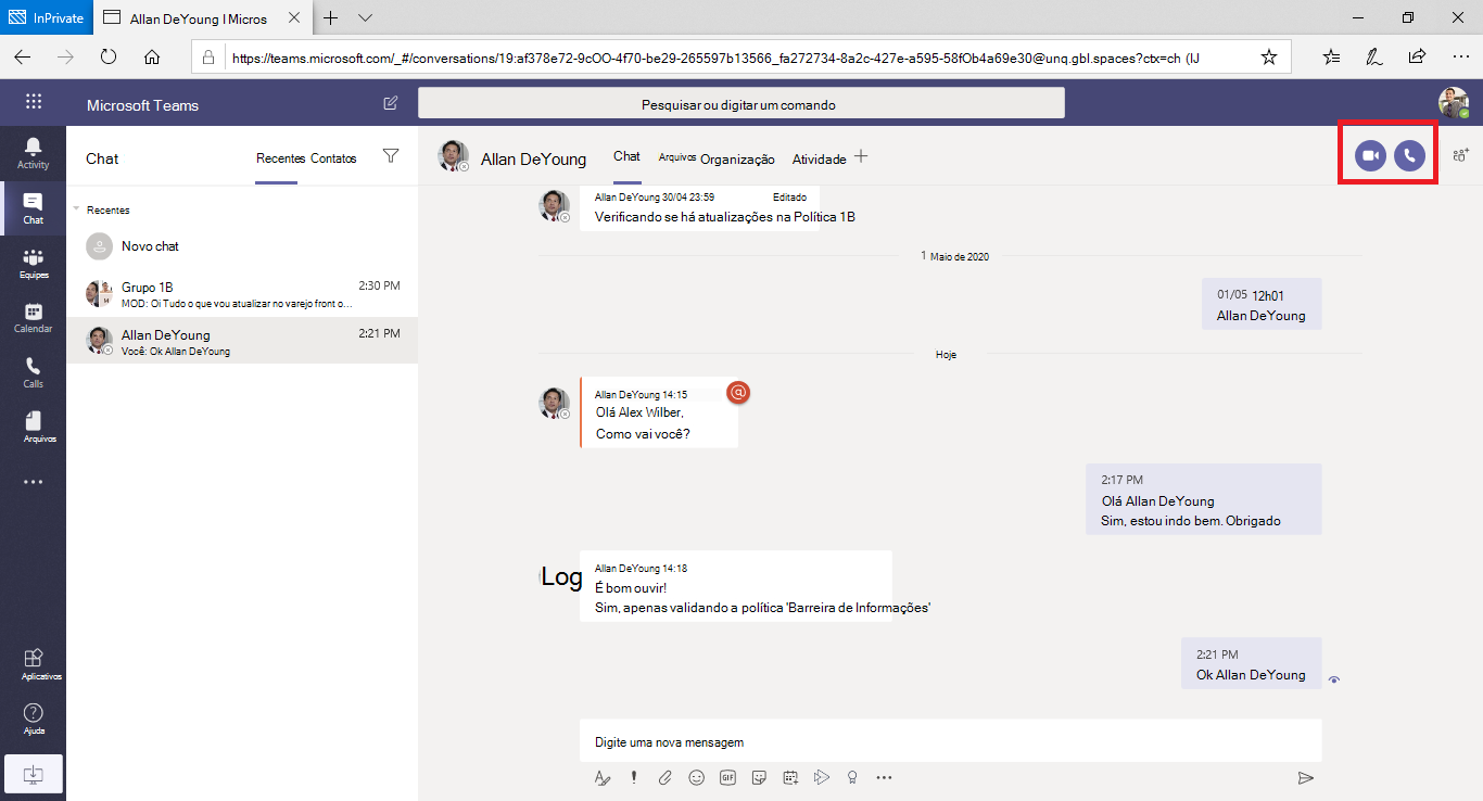 Screenshot showing when a user shares a screen with other users before Teams applies an I B policy.