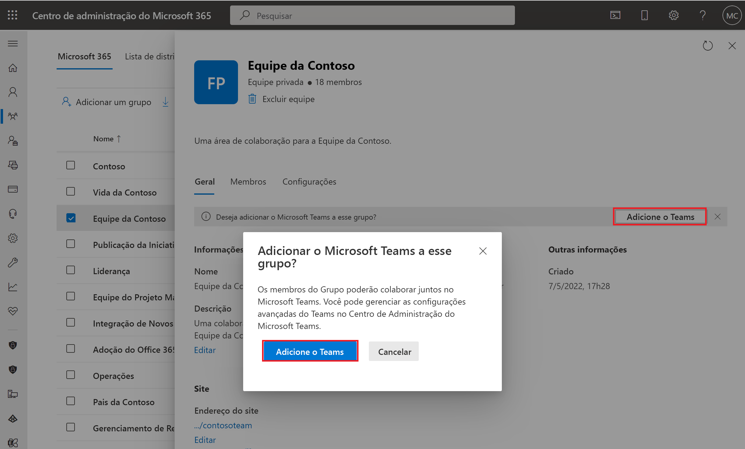 Captura de ecrã a mostrar a criação de uma equipa a partir da seleção de Grupo no centro de administração do Microsoft 365.
