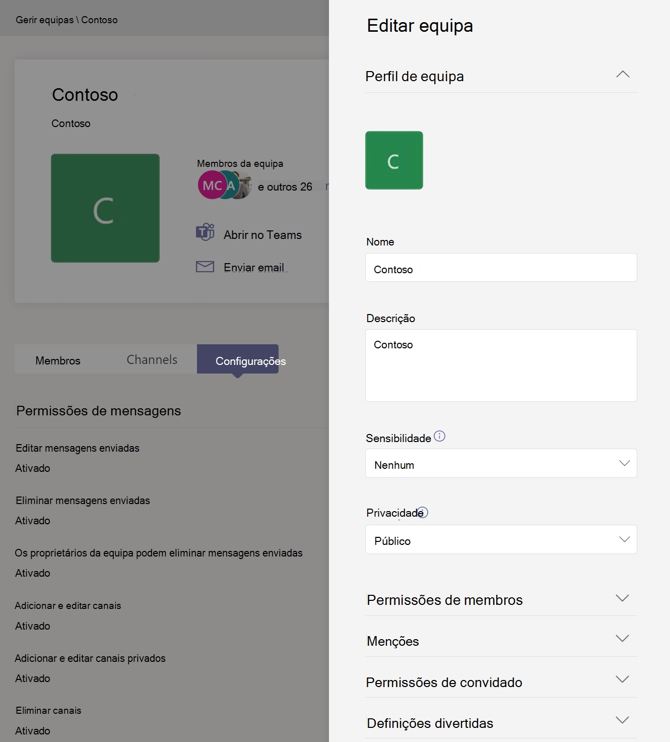 Captura de ecrã a mostrar as definições do Teams.