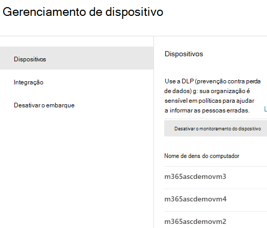 Screenshot of the Device Management center showing the list of devices with monitoring enabled.