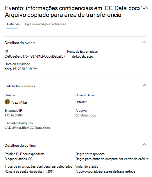 Screenshot of the D L P Alerts Management dashboard showing the Details tab for an event related to an alert.