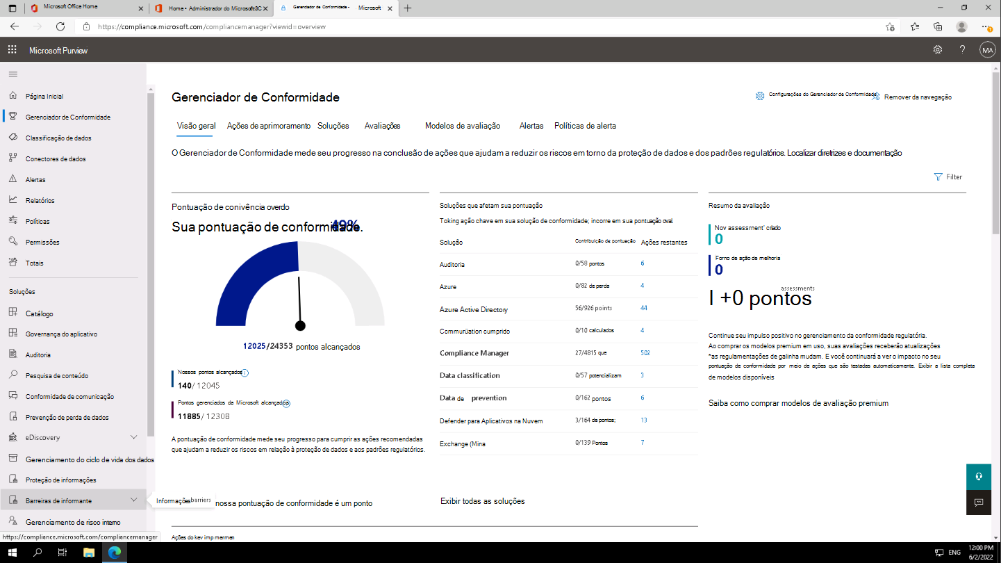 Screenshot of the top half of the Compliance Manager dashboard showing Contoso's overall compliance score.