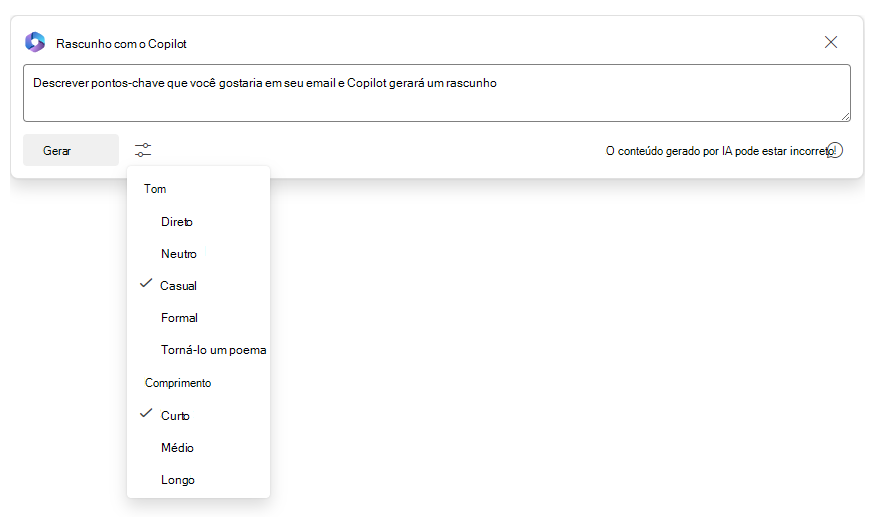 Captura de tela exibindo ajustes de tom e comprimento para o rascunho com o Copilot.