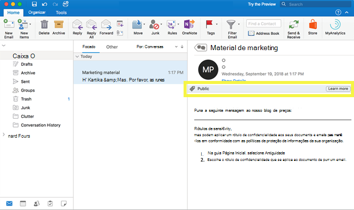 Captura de tela mostrando um rótulo de confidencialidade em um email.