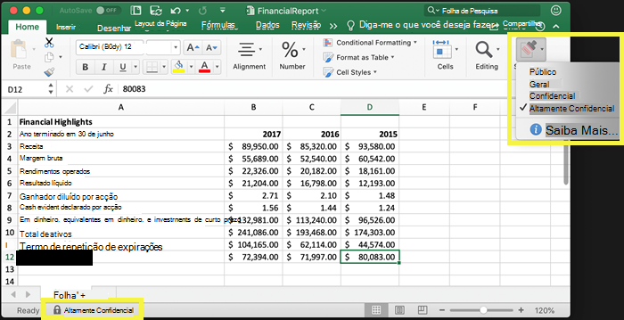 Captura de tela mostrando os rótulos de confidencialidade disponíveis no Excel, na guia Página Inicial na faixa de opções.