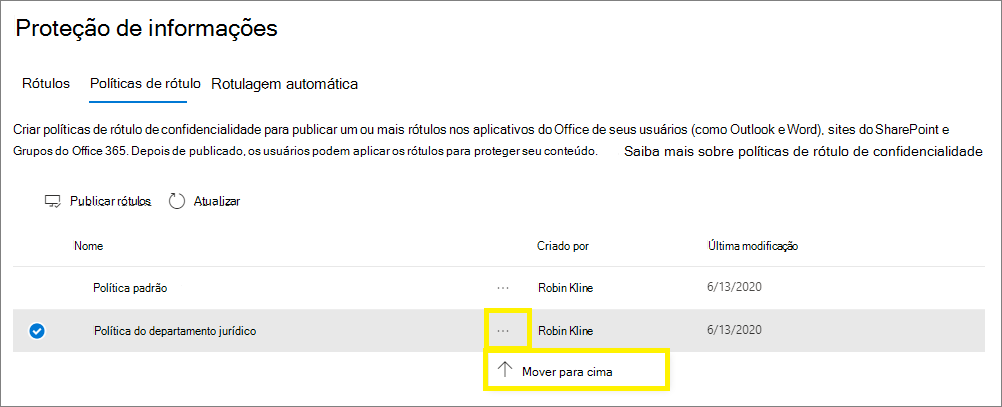 Captura de tela mostrando a janela de prioridade da política com a opção de mover políticas para cima ou para baixo.