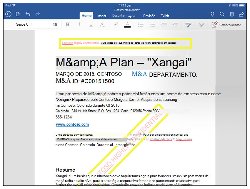 Captura de tela mostrando um documento do Word com um rótulo de confidencialidade no cabeçalho e em uma marca d'água.