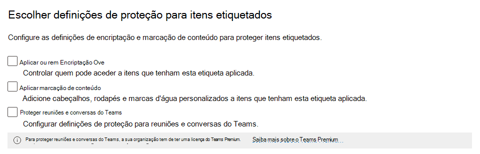 Captura de tela mostrando a janela de configurações do rótulo de confidencialidade com configurações indisponíveis.