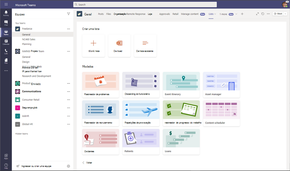 Captura de ecrã a mostrar a integração de listas da Microsoft no Microsoft Teams.