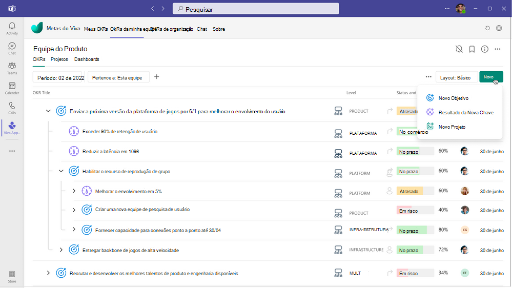 Captura de ecrã a mostrar a integração entre os objetivos Viva e o Microsoft Teams.