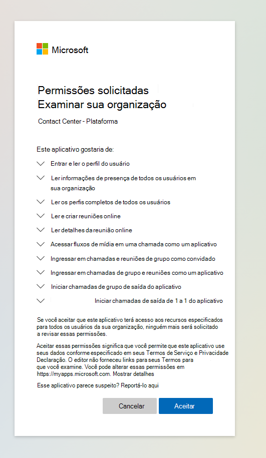 Aprovar Permissões de Aplicação para uma Solução do Centro de Contactos