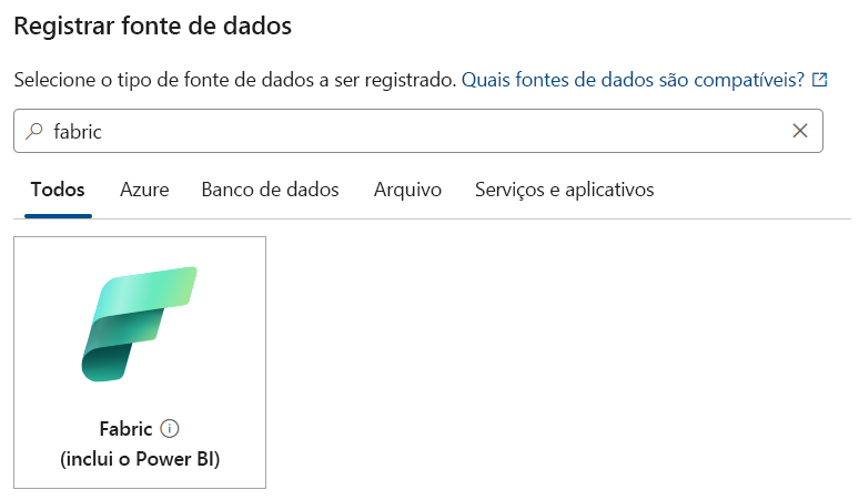 Uma captura de tela mostrando como selecionar o Fabric como uma fonte de dados no Purview.